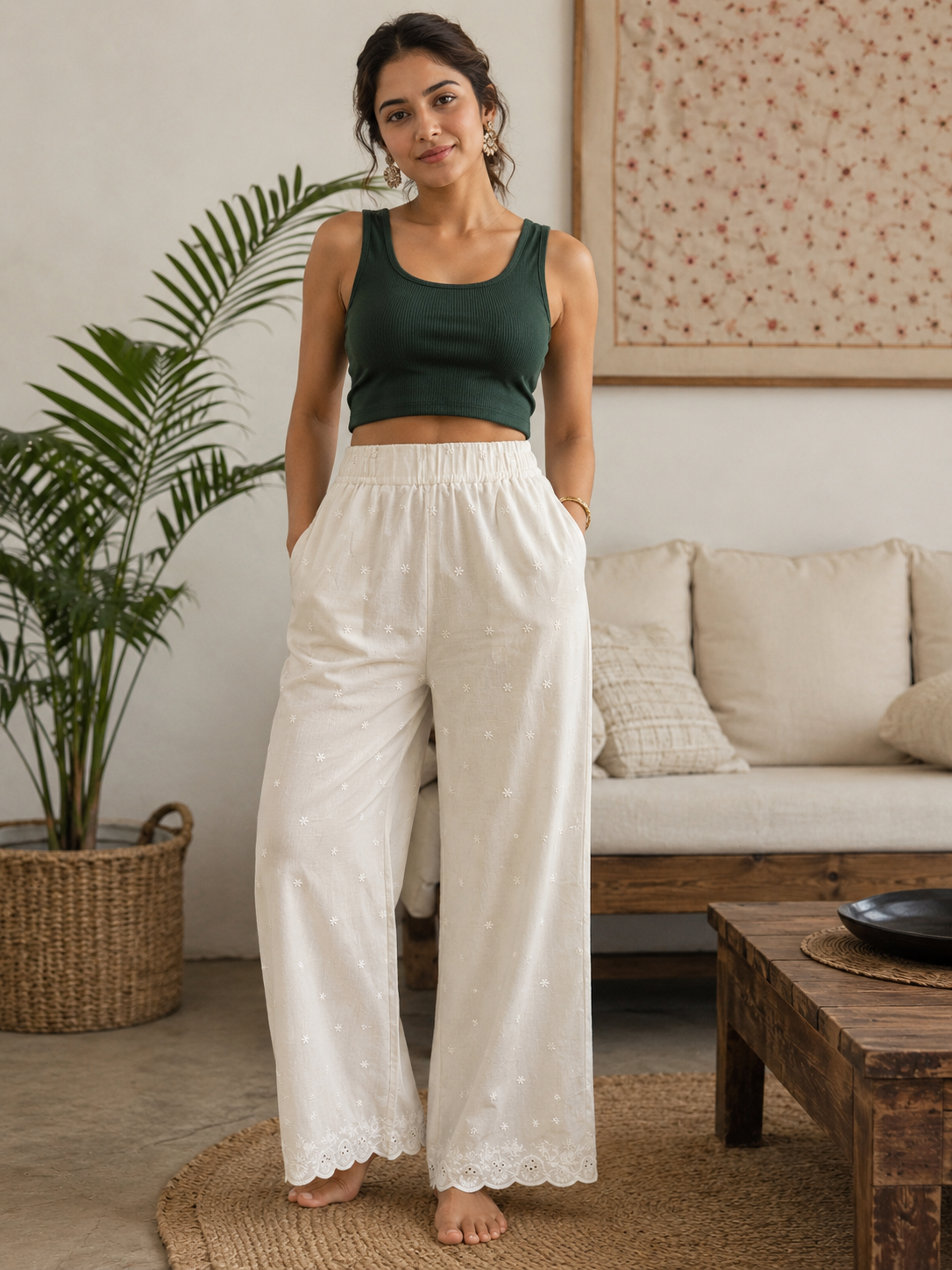 Ivory Embroidered Wide Leg Palazzo Pants for Women