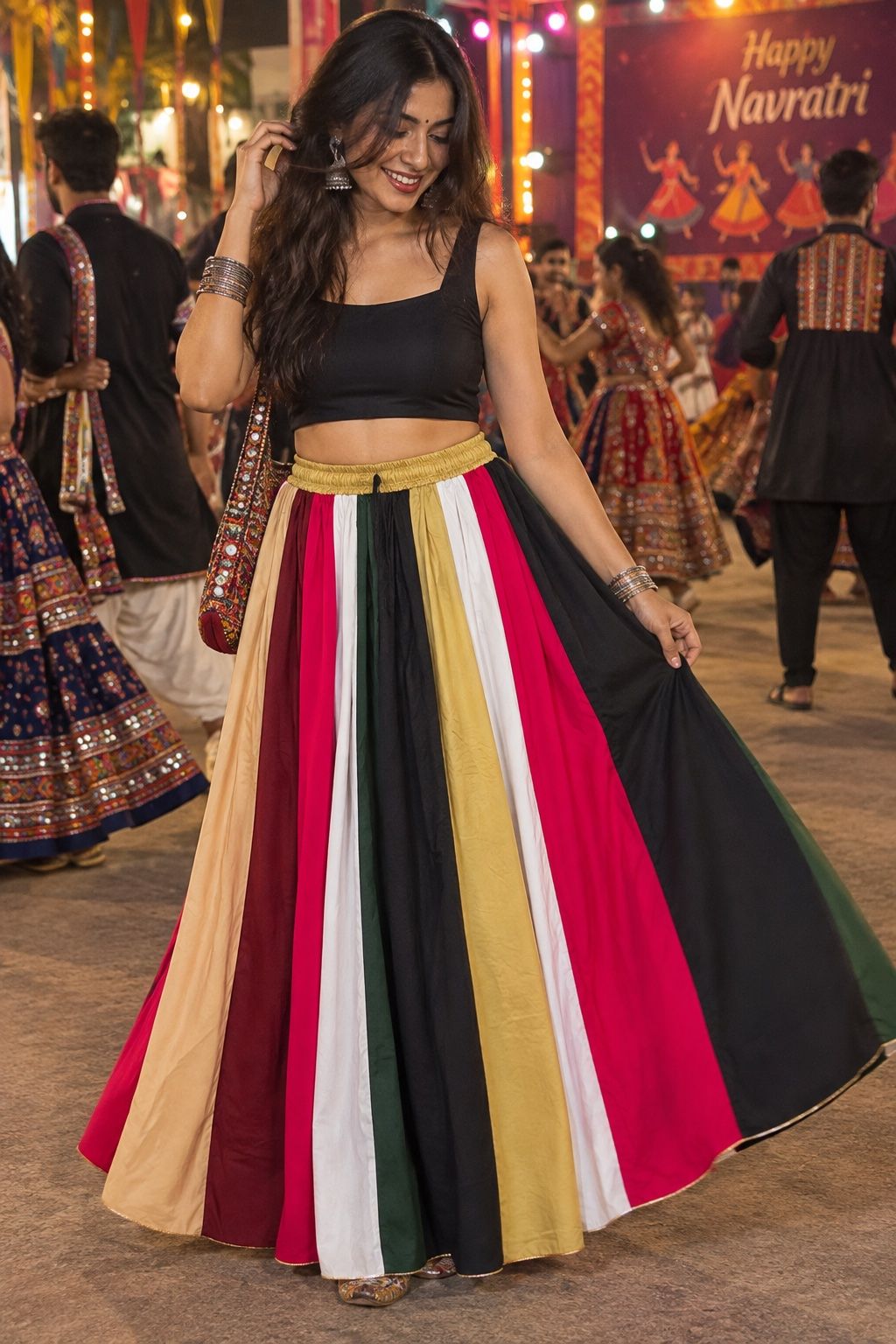 Women Multicolor Kalidar Cotton Flared Maxi Skirt | Ethnic Multi-Panel Navratri Garba Chaniya Long Skirt with Golden Waistband