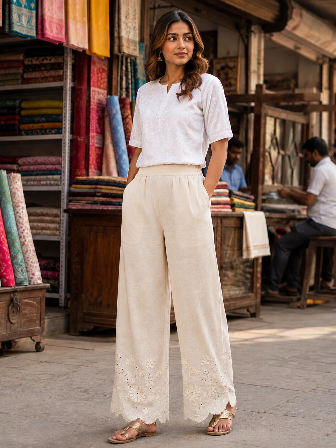 Cream Embroidered Linen Blend Wide Leg Palazzo Pants