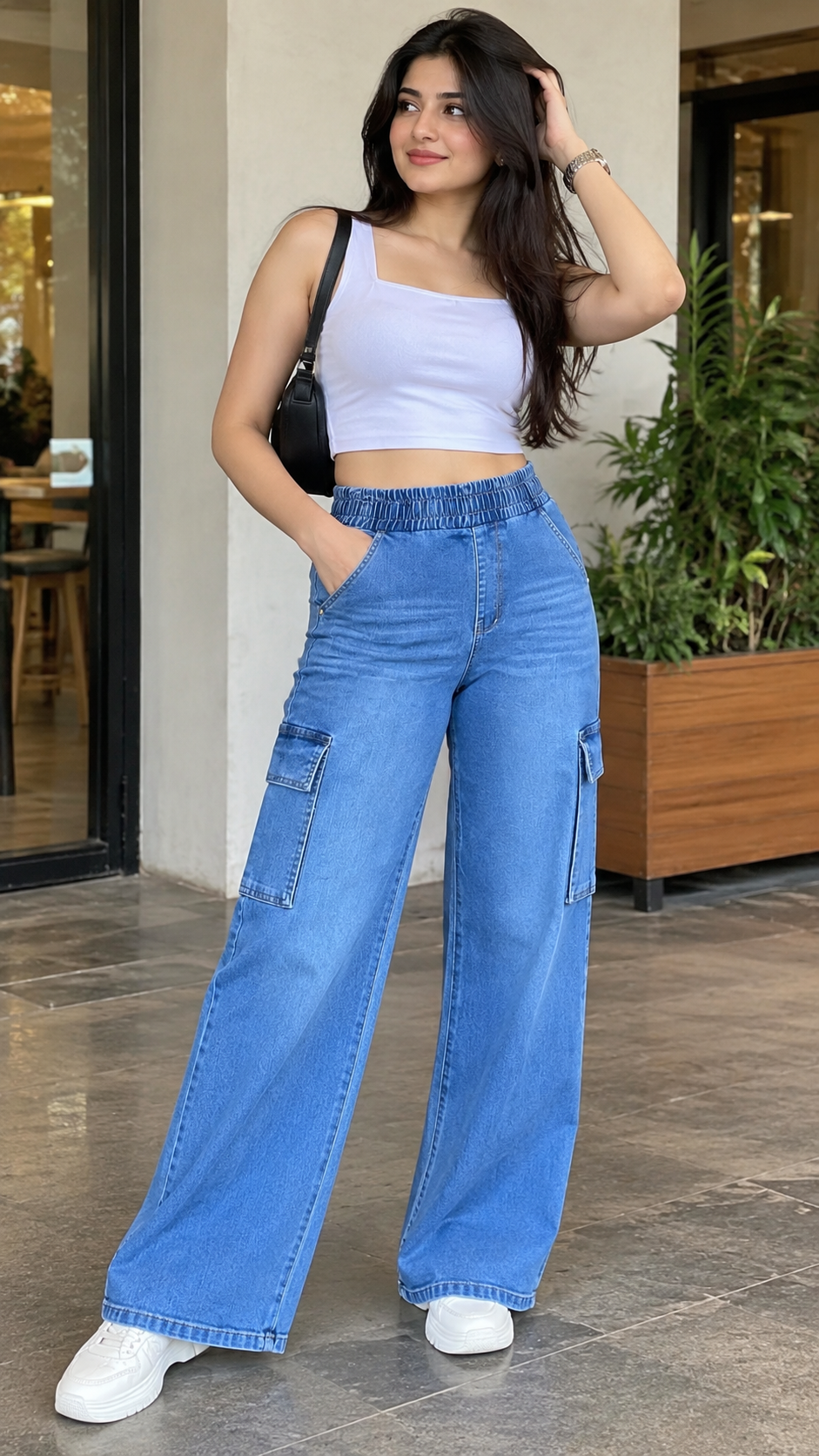 Women Denim Wide Leg Cargo Palazzo Pants | High Waist Elasticated Loose Fit Cargo Jeans with Pockets | #8315