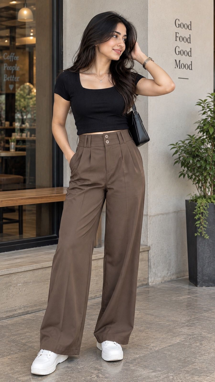 Women Korean Wide Leg Pants | High Waist Pleated Straight Trousers with Double Button Belt & Pockets | #11232