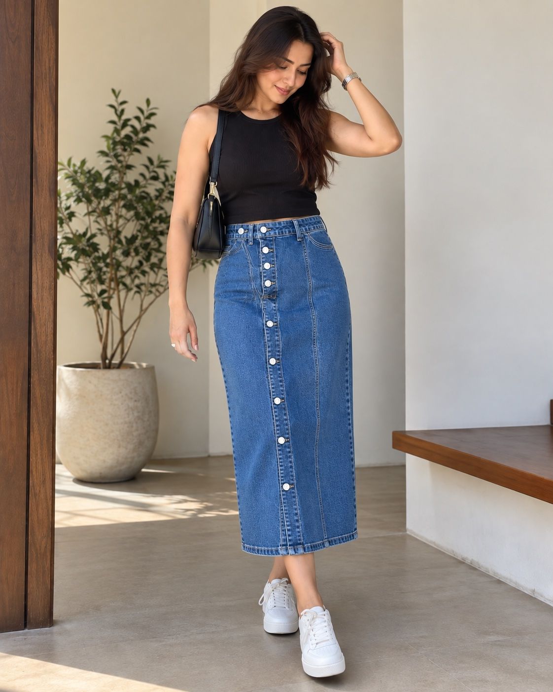 Women's Classic Indigo Blue Button Front Denim Midi Skirt | High Waisted Long Casual Jean Skirt with Belt Loops | #8400
